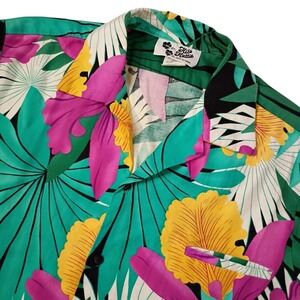 Vintage Hilo Hattie Hawaiian Shirt Mens XL Green Pink Floral Aloha Cotton USA